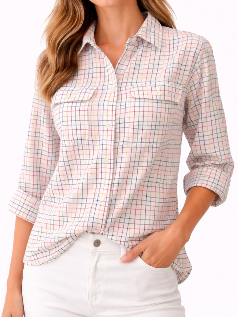 Vtg Lizsport Plaid Button Front Shirt Women’s Size M White Grid Check Cotton Top
